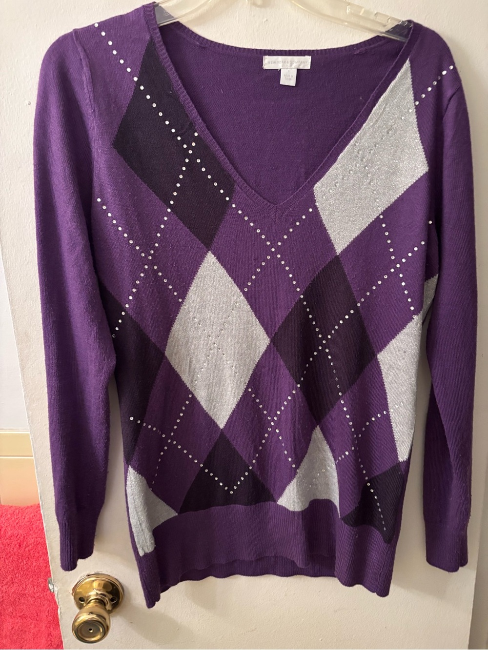 New York & Company Purple Argyle V-Neck Sweater with Silver Diamonds